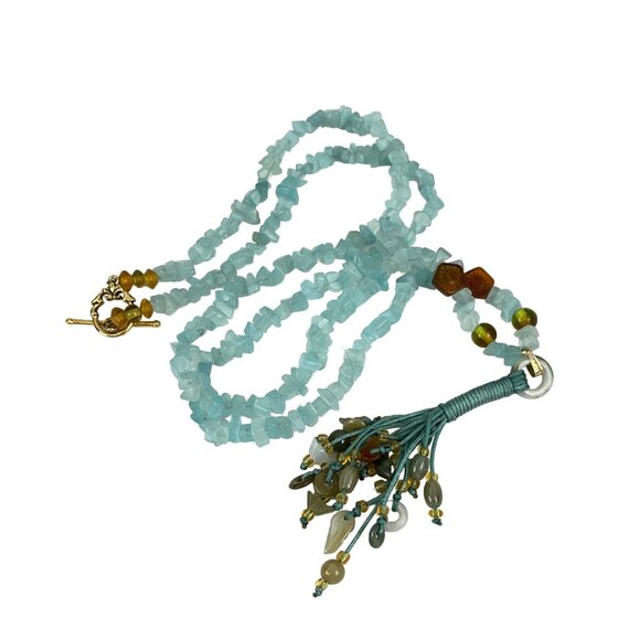 Handcrafted Blue Aquamarine Chip Bead Jade Nephrite Necklace With Tassel Multi-S - Picture 11 of 11
